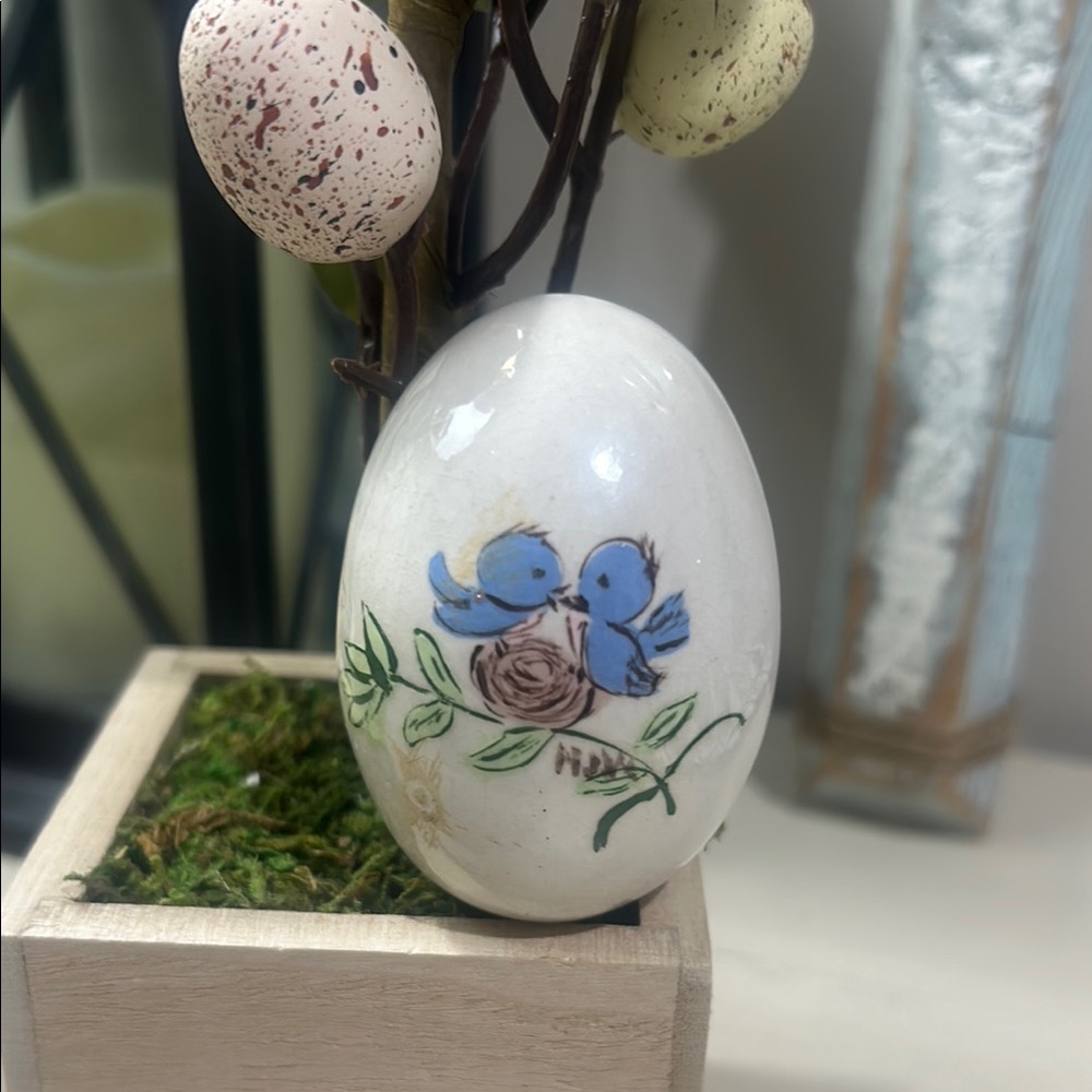 Vintage Decorative Egg with Blue Birds and Floral Design. Handpainted.